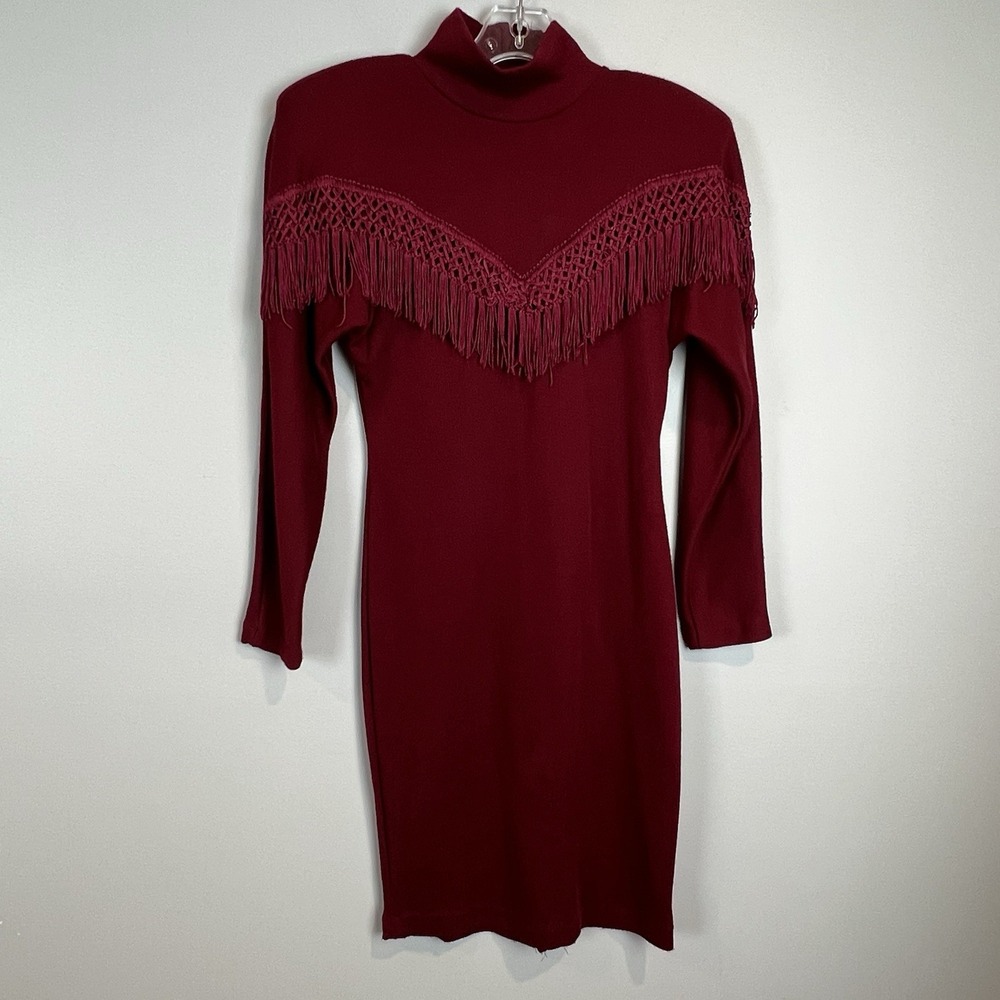 Vtg 80s Western Sweater Dress with Fringe Womens Size 3/4 Shoulder Pads Cowgirl